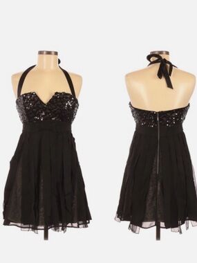 Vintage Bebe Y2K Sequin Halter Mini Dress Silk Blend Black